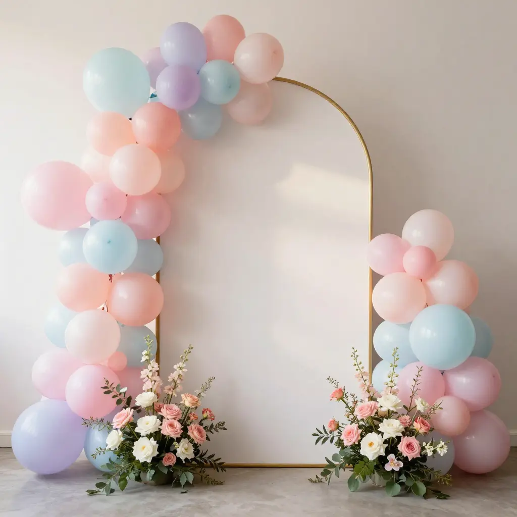 Elegante evenement fotozone decoratie met pastel ballonnen en gouden frame in Leiden