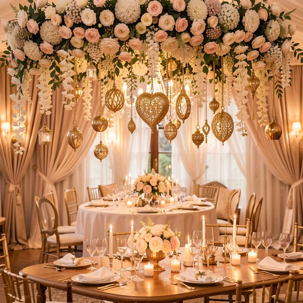 Romantische bruiloft decoratie met bloemen en gouden accenten